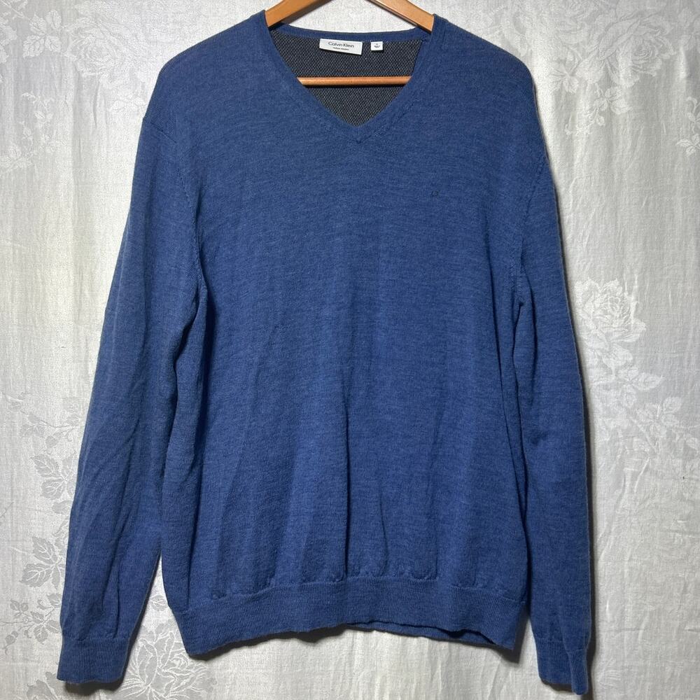 Calvin Klein Sweater XL Blue Merino Wool V Neck Classic Preppy Academia